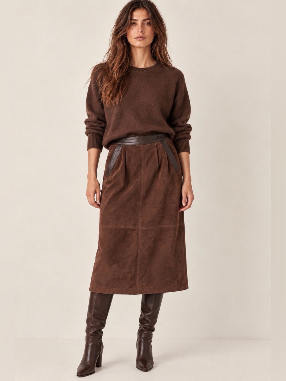 Vintage Chocolate Brown Suede Midi Skirt Leather Trim Size 44 M